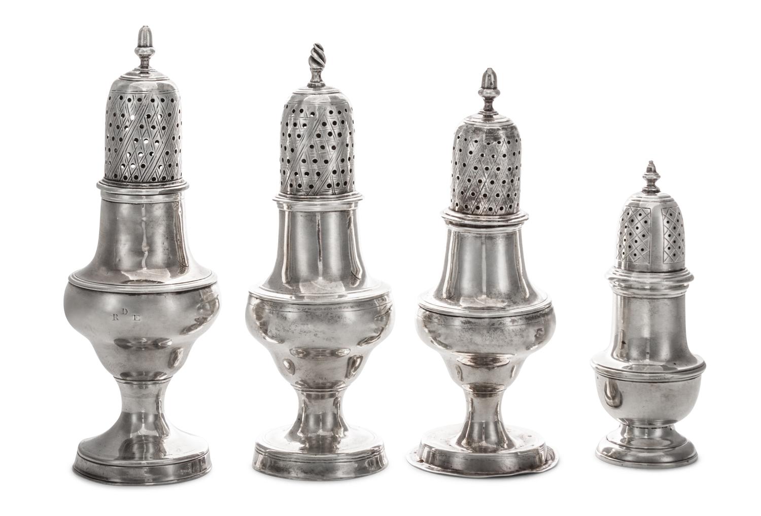 Three George III Silver Casters, Hester Bateman, London, 1781-1788, all of baluster form with lift-off covers pierced and engraved with