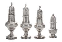 Three George III Silver Casters, Hester Bateman, London, 1781-1788, all of baluster form with lift-off covers pierced and engraved with