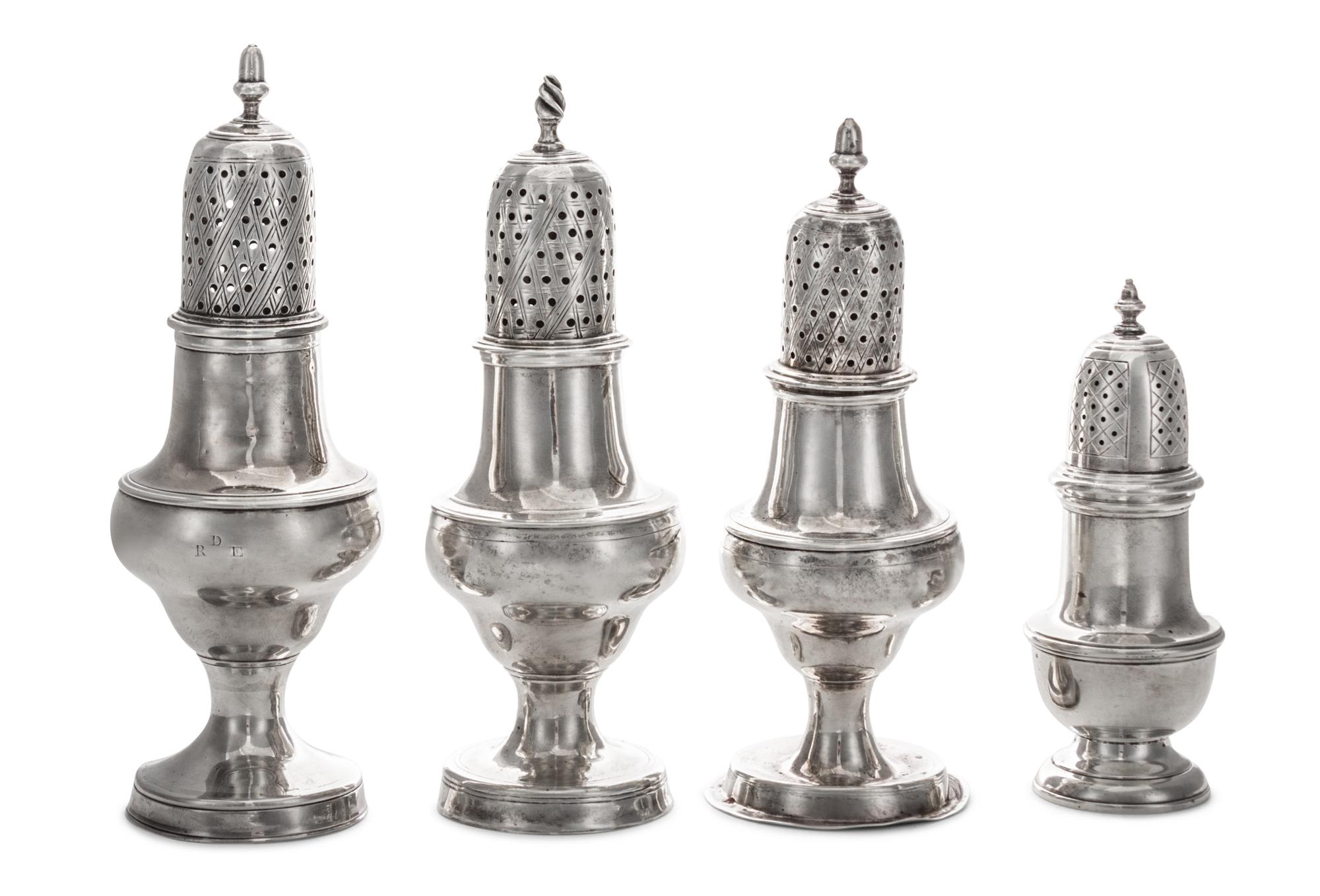 Three George III Silver Casters, Hester Bateman, London, 1781-1788, all of baluster form with lift-off covers pierced and engraved with