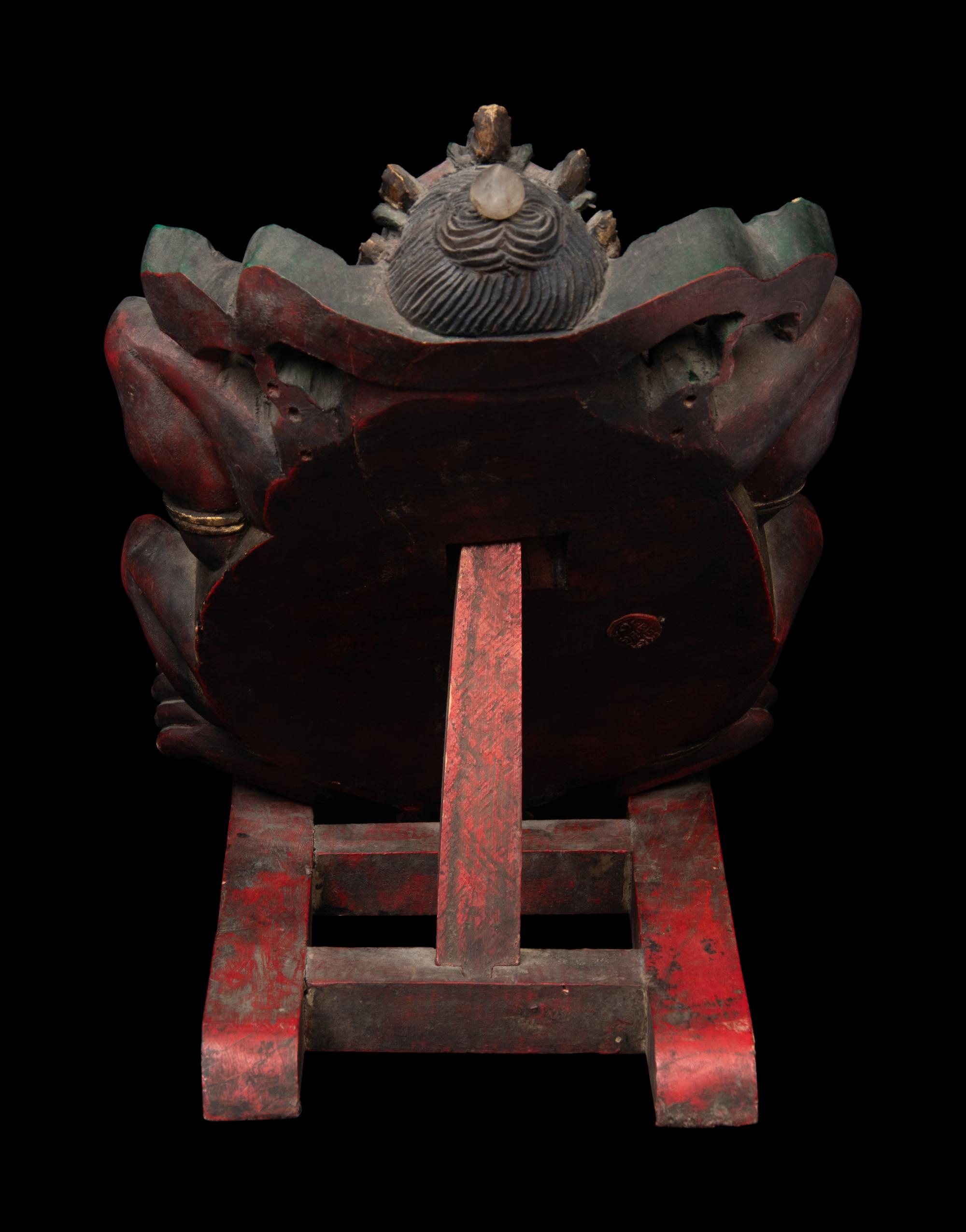 A Mongolian Metal Inset Painted Wood Figure of a Bodhisattva