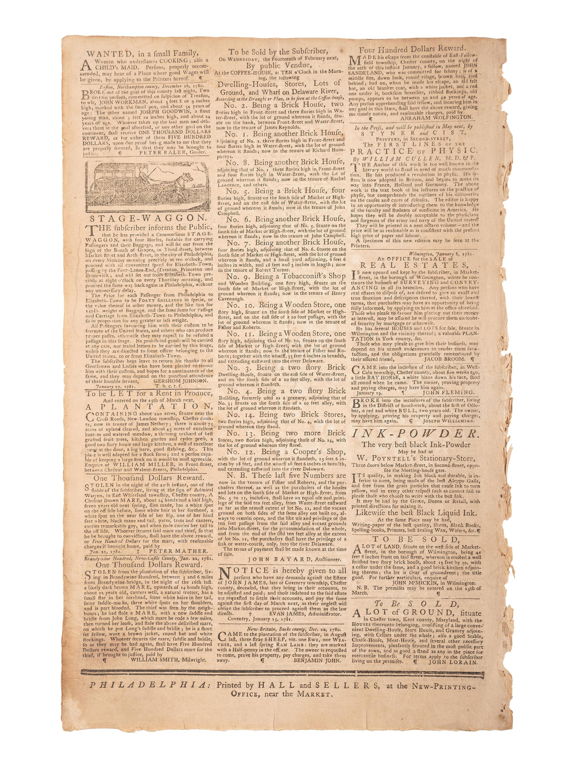 [REVOLUTIONARY WAR - BATTLE OF MORRISANIA]. The Pennsylvania Gazette and Weekly Advertiser. No. 2643. Philadelphia, PA: Hall and Sellers, 7 February 1781.