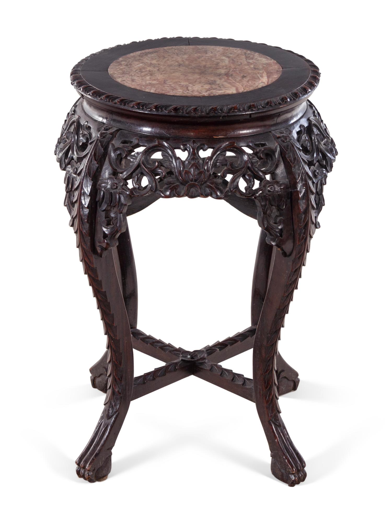 A Chinese Marble-Inset Carved Hardwood Stand