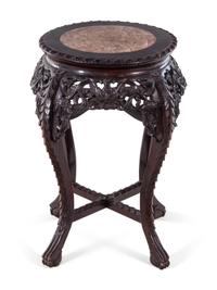A Chinese Marble-Inset Carved Hardwood Stand
