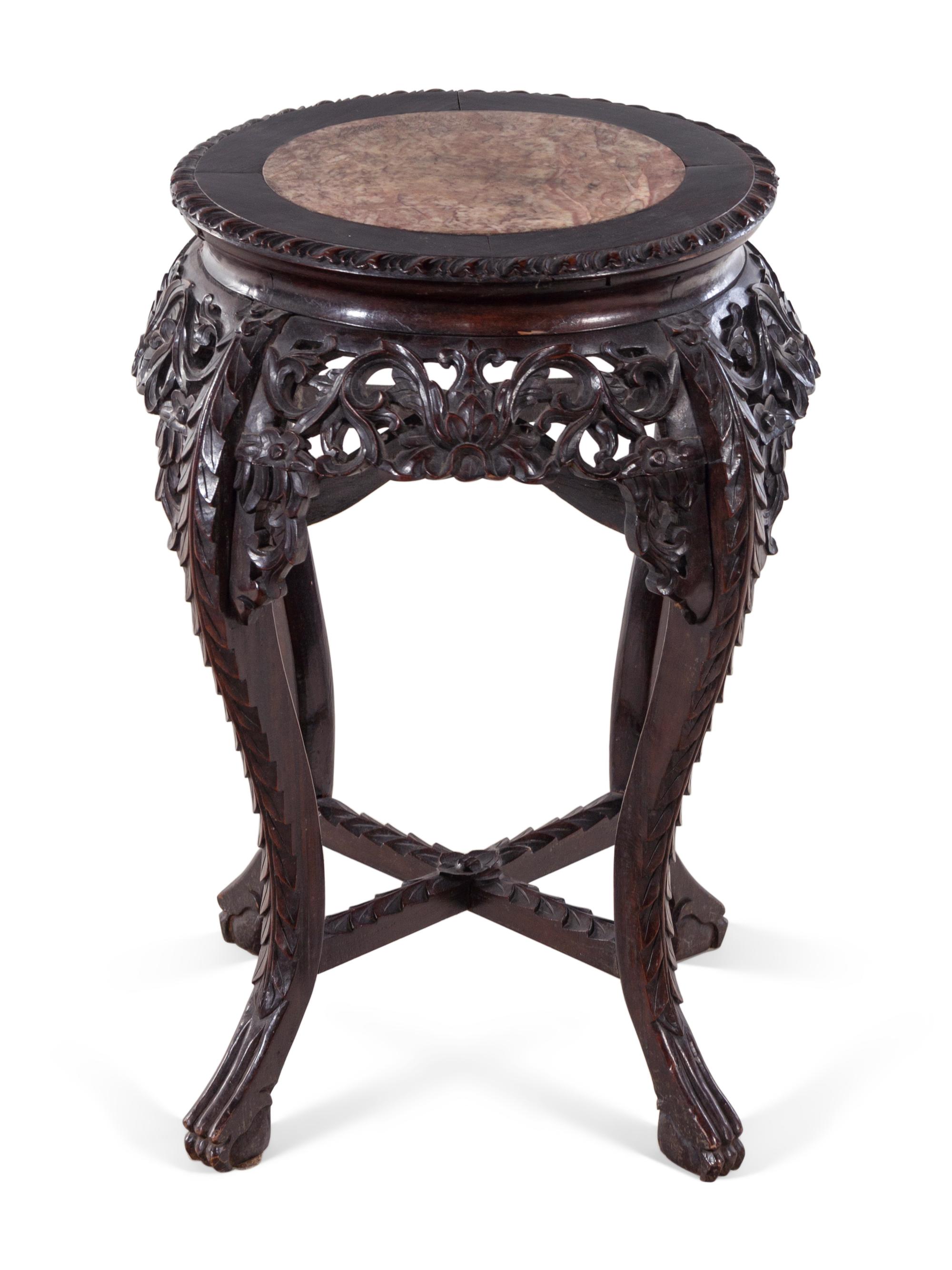 A Chinese Marble-Inset Carved Hardwood Stand