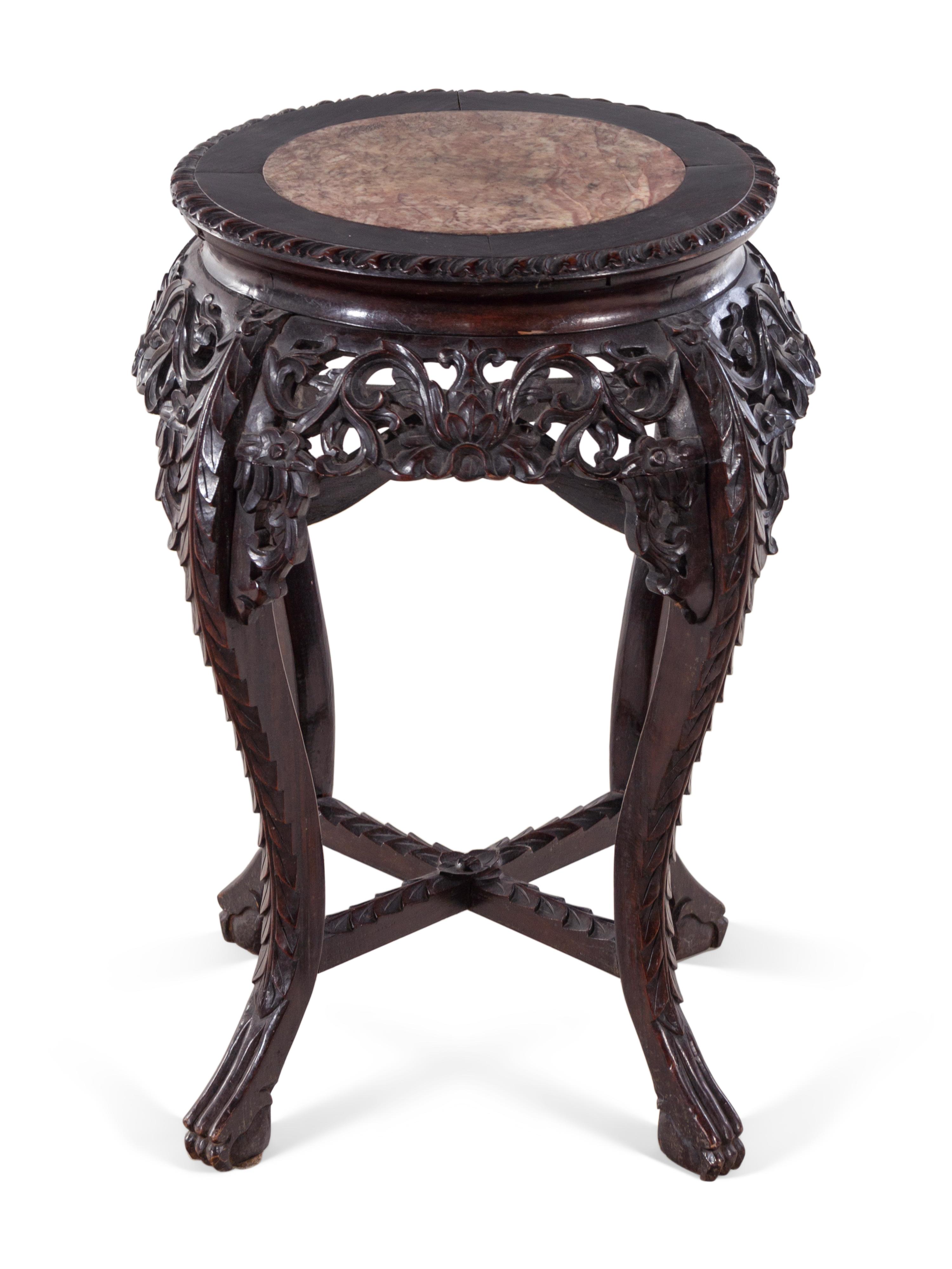 A Chinese Marble-Inset Carved Hardwood Stand