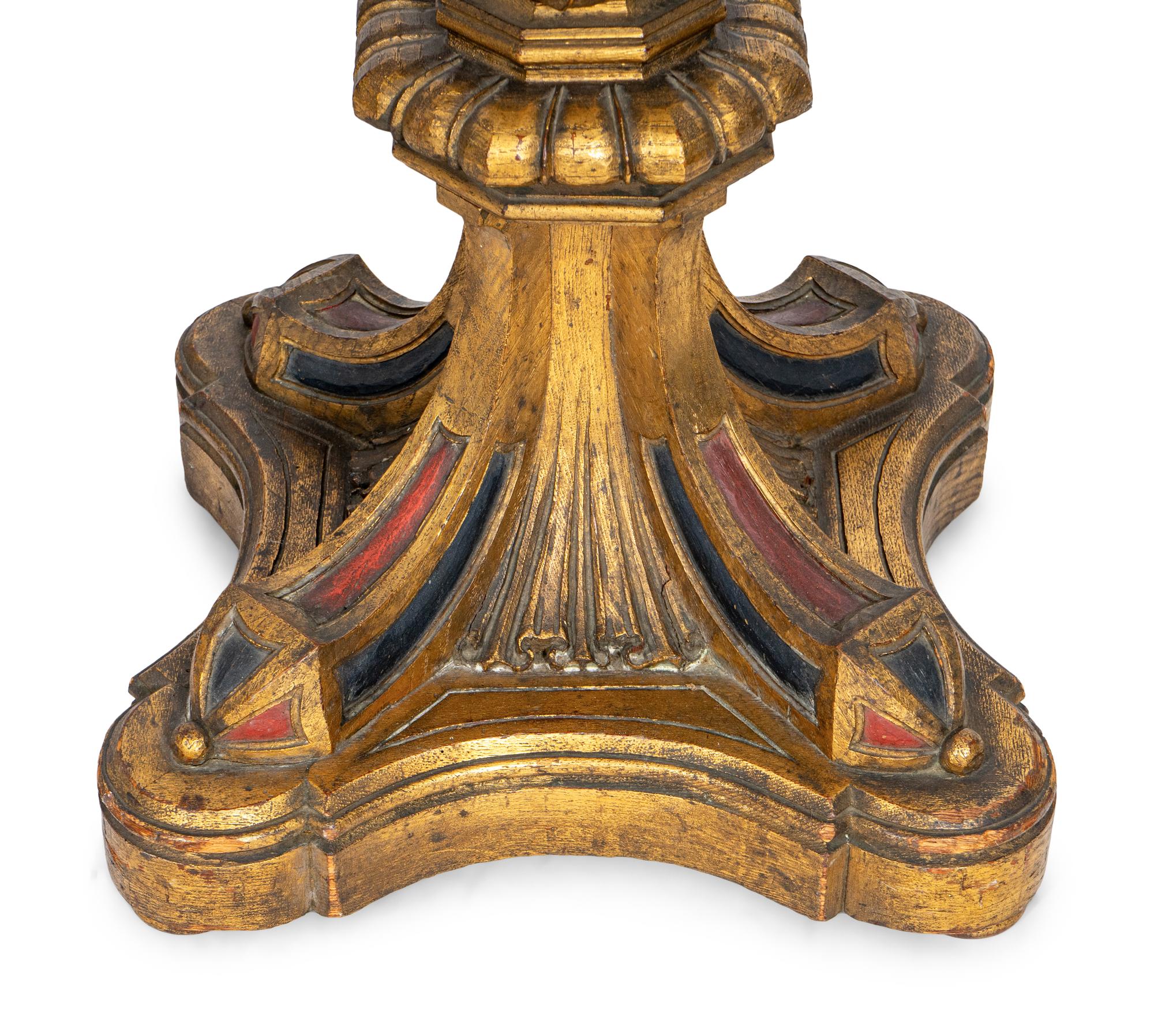 A Pair of Large Gothic Style Giltwood and Polychrome-Painted Floor Lamps