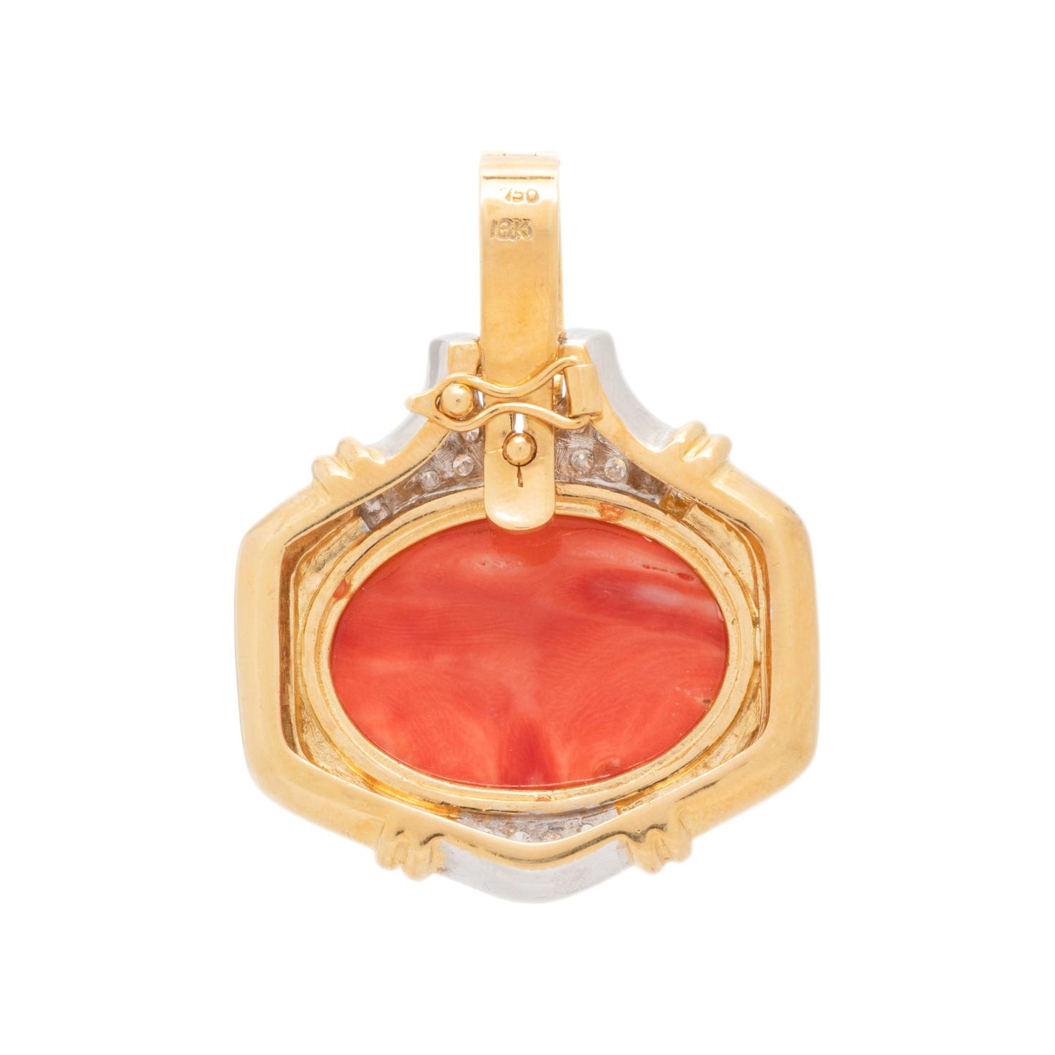YELLOW GOLD, CORAL AND DIAMOND PENDANT
