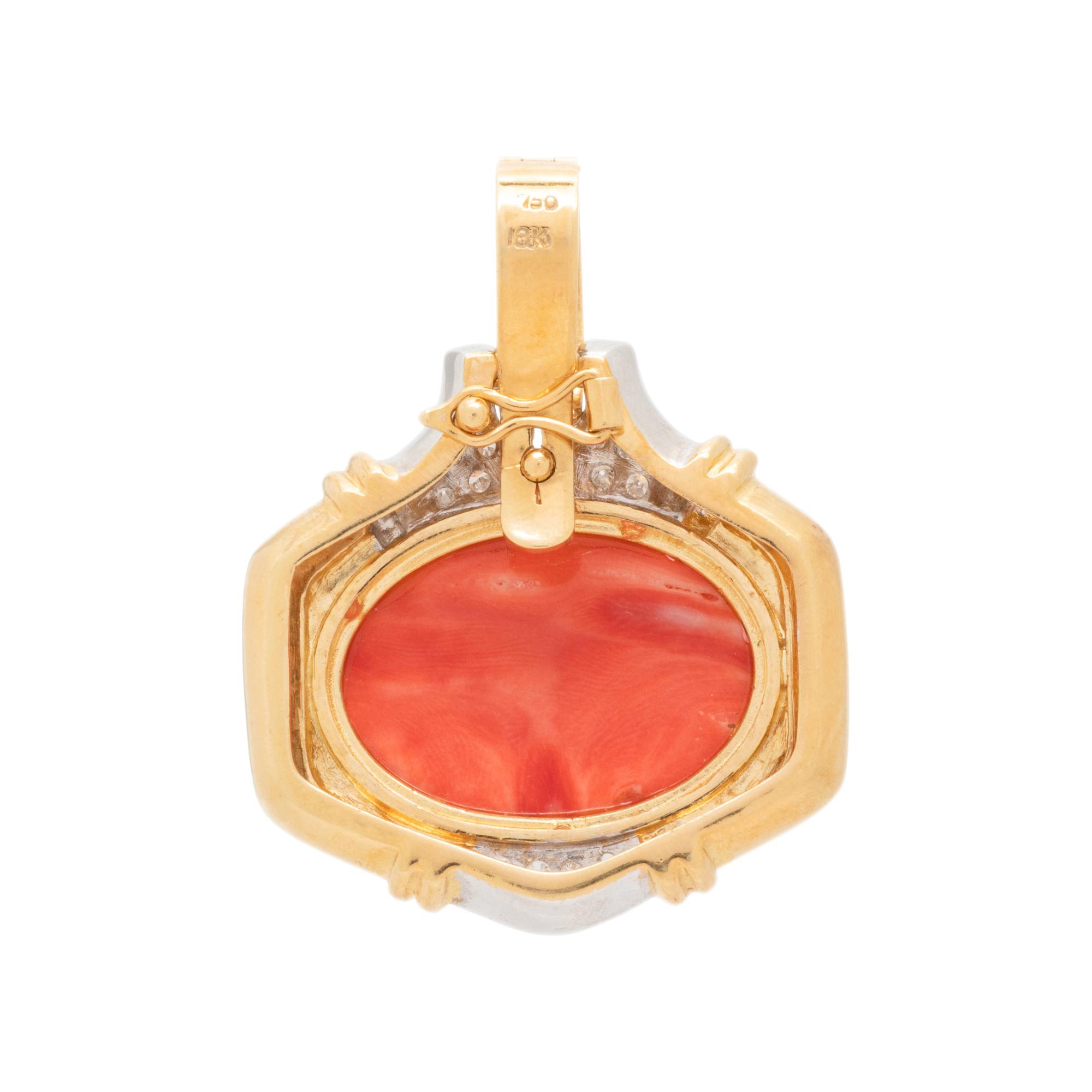 YELLOW GOLD, CORAL AND DIAMOND PENDANT