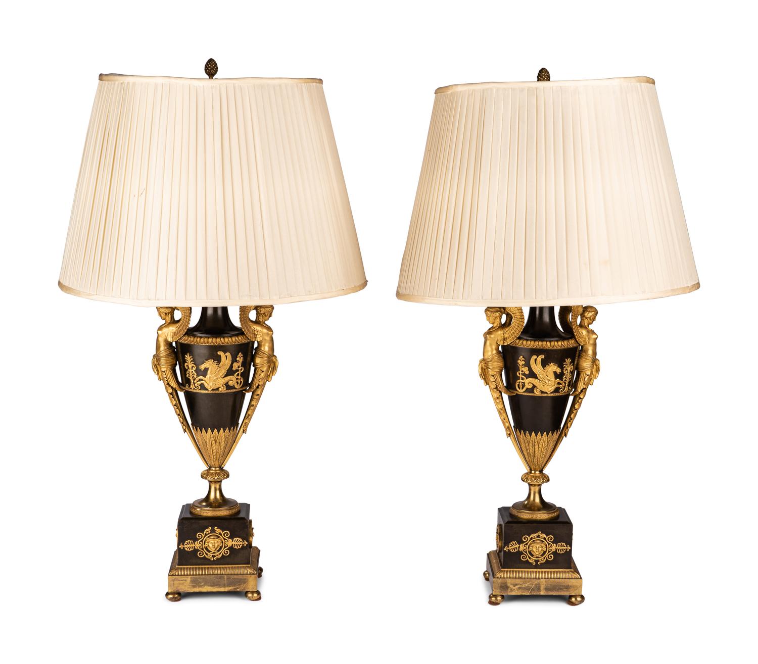 A Pair of Directoire Ormolu and Patinated Bronze Urns