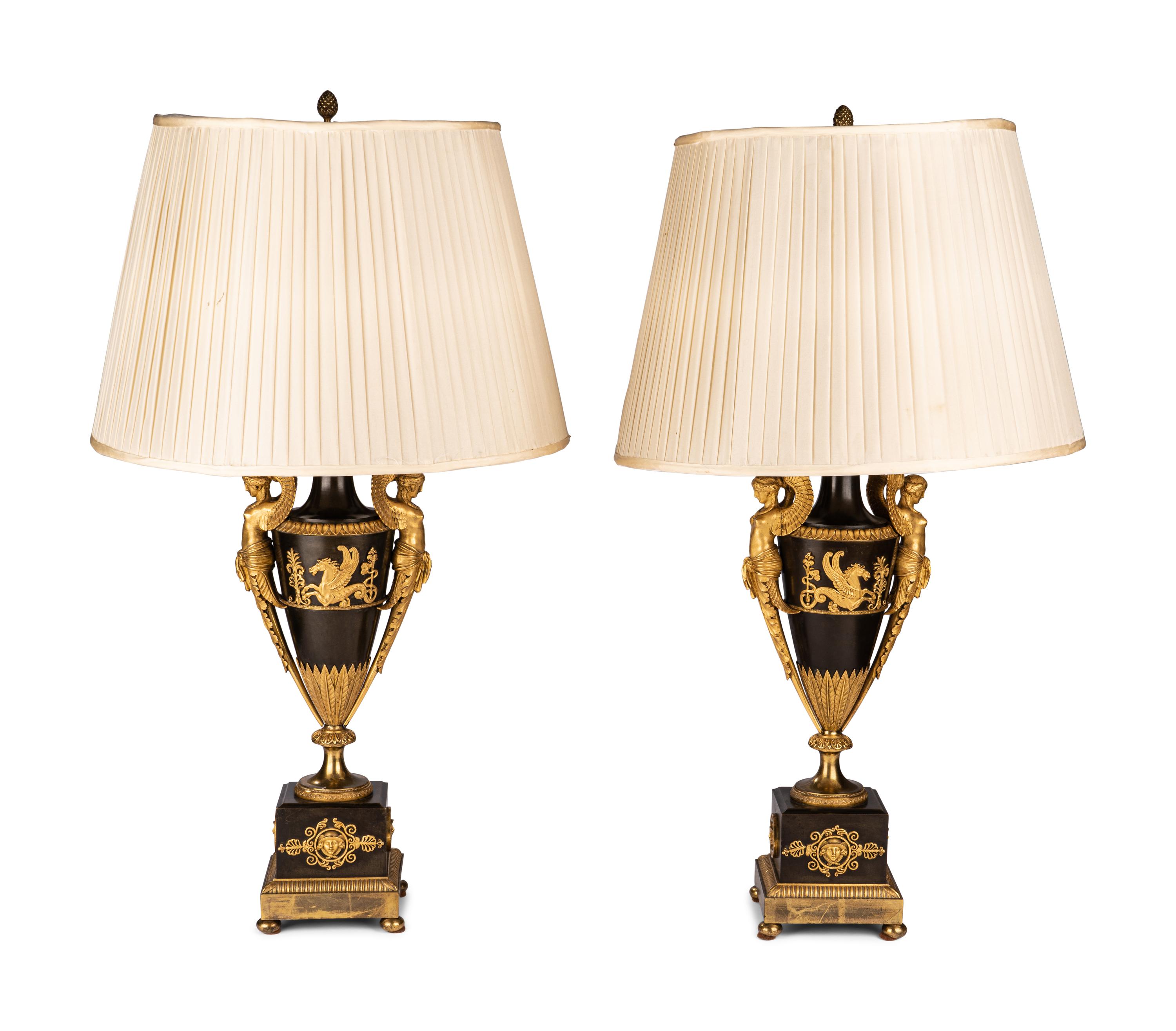 A Pair of Directoire Ormolu and Patinated Bronze Urns