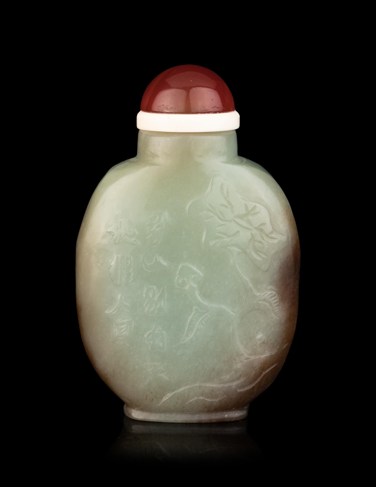 A Chinese Russet and Celadon Jade Snuff Bottle
