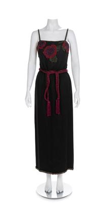 Beaded Flower Chiffon Long Dress with Matching Kimono and Belt, 1970-80s