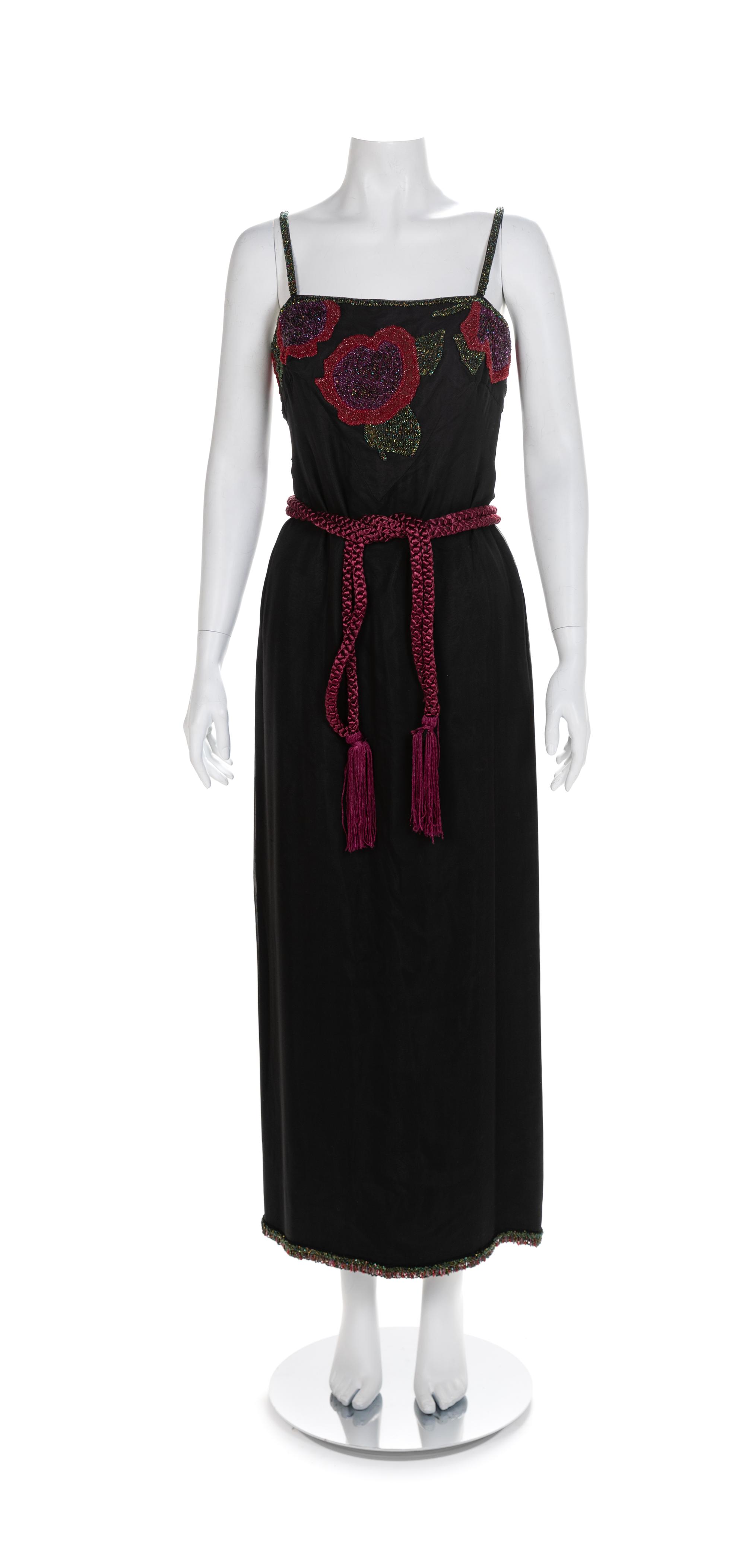 Beaded Flower Chiffon Long Dress with Matching Kimono and Belt, 1970-80s