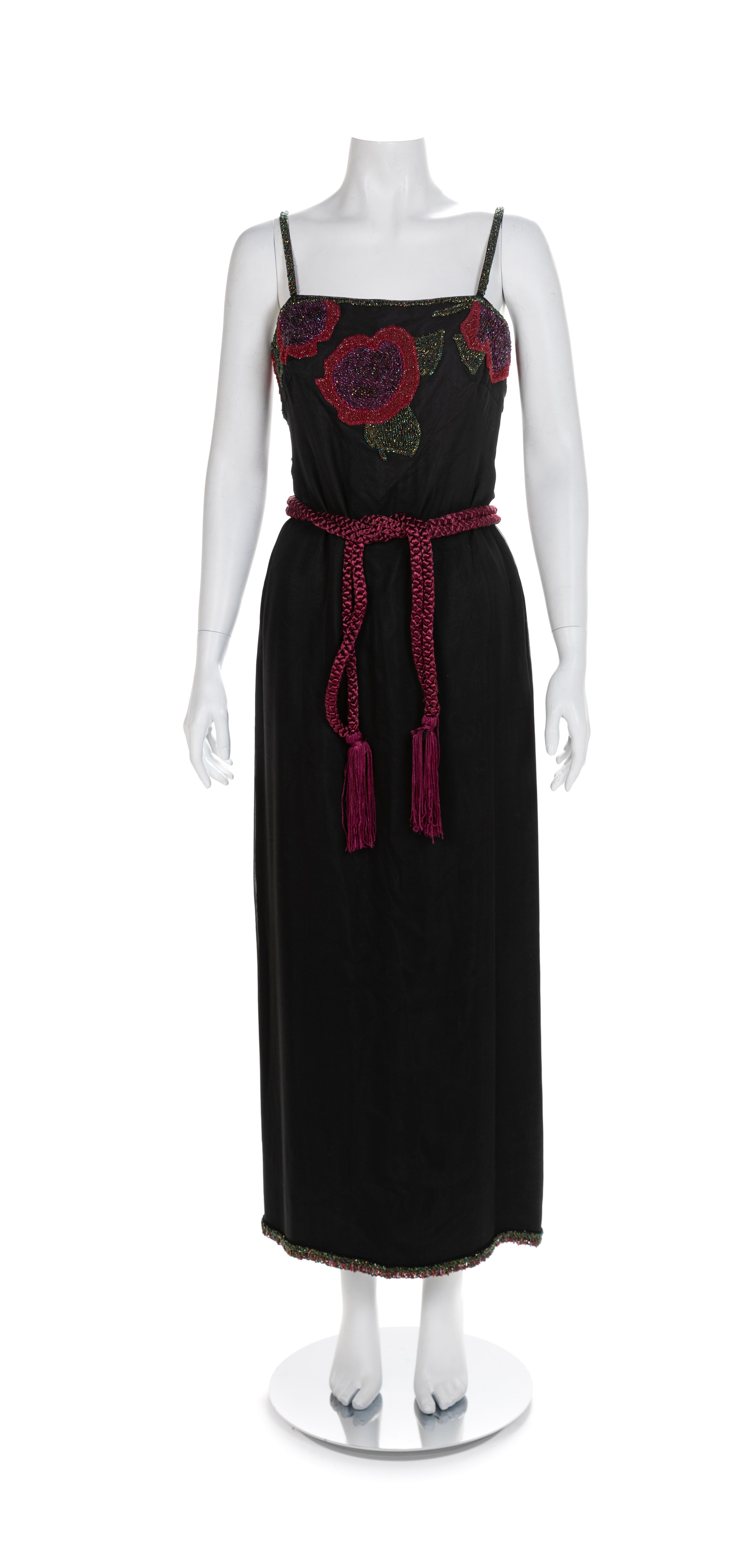 Beaded Flower Chiffon Long Dress with Matching Kimono and Belt, 1970-80s