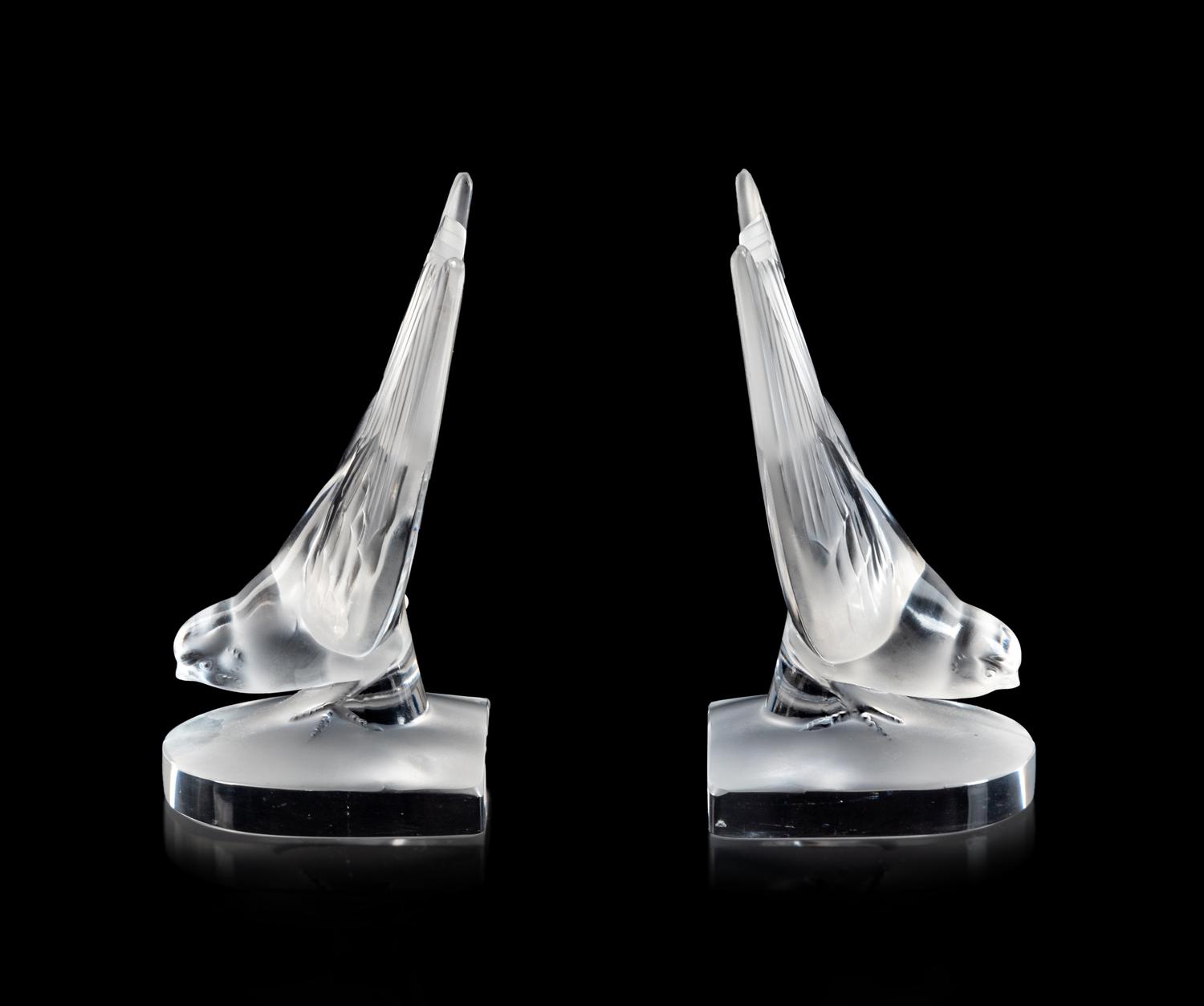 A Pair of Lalique Molded and Frosted Glass Deux Hirondelles Bookends