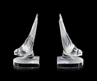 A Pair of Lalique Molded and Frosted Glass Deux Hirondelles Bookends