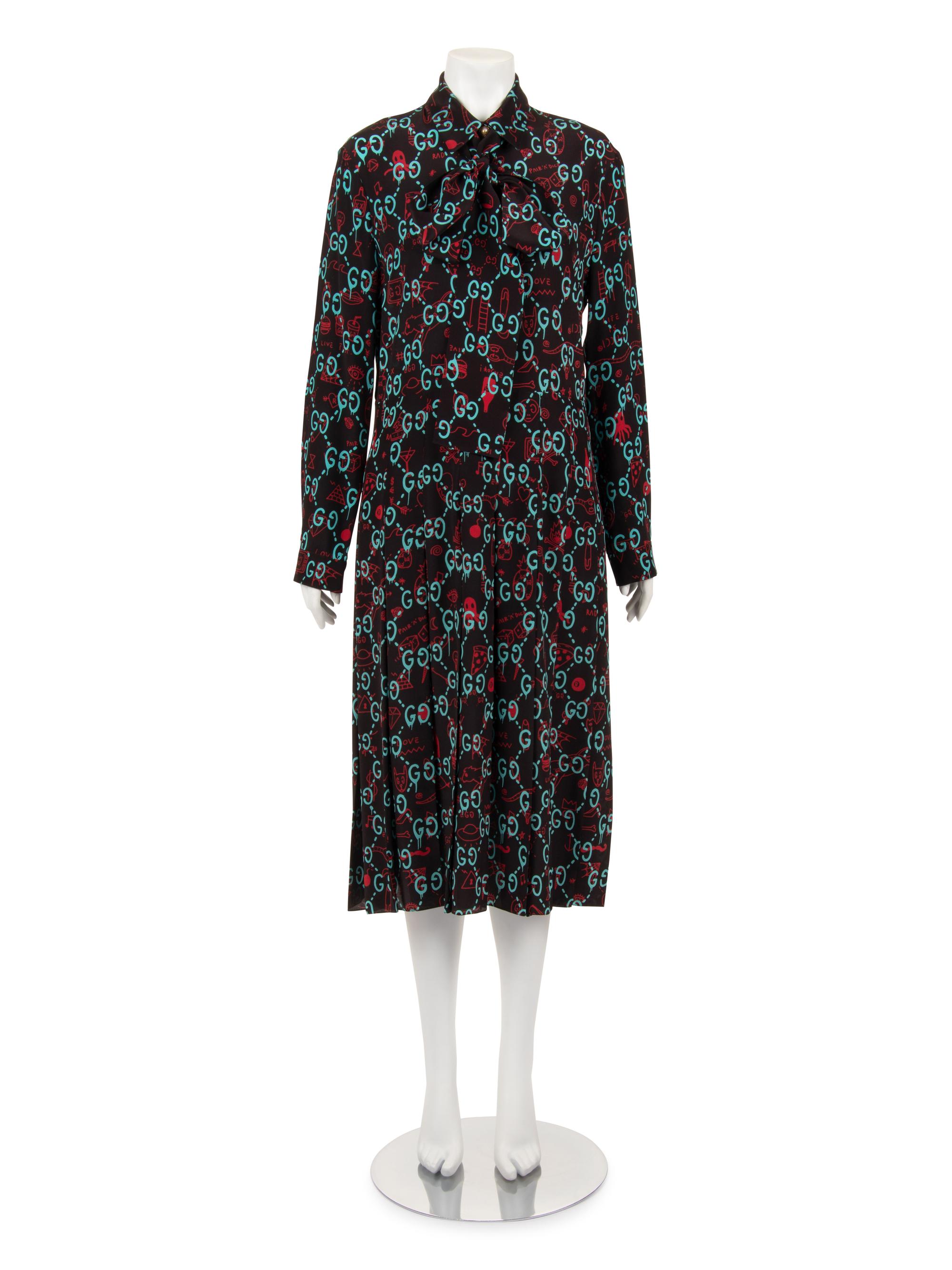 Gucci Silk Print Belted Dress with GG Logo, Spring 2017
