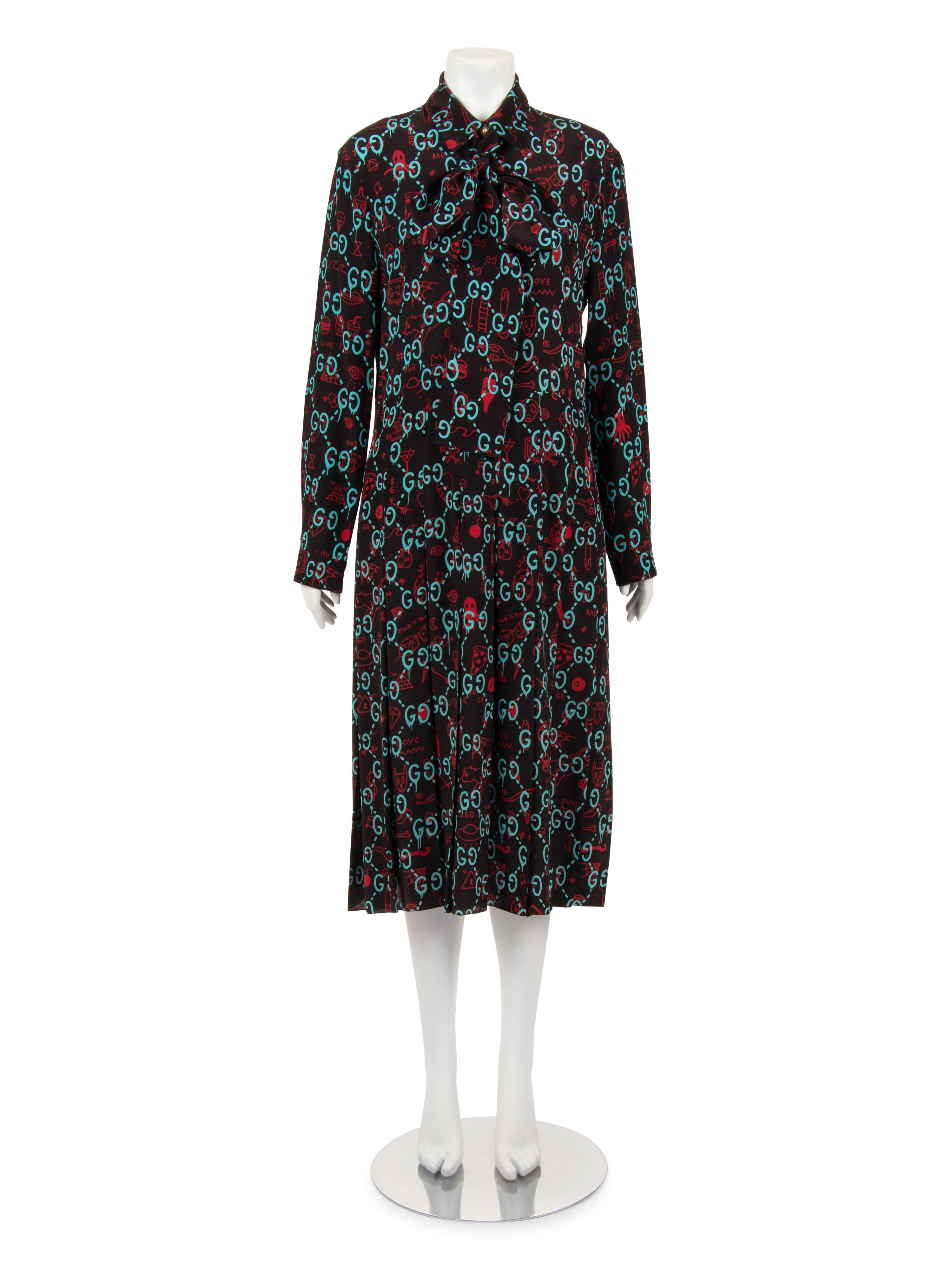 Gucci Silk Print Belted Dress with GG Logo, Spring 2017