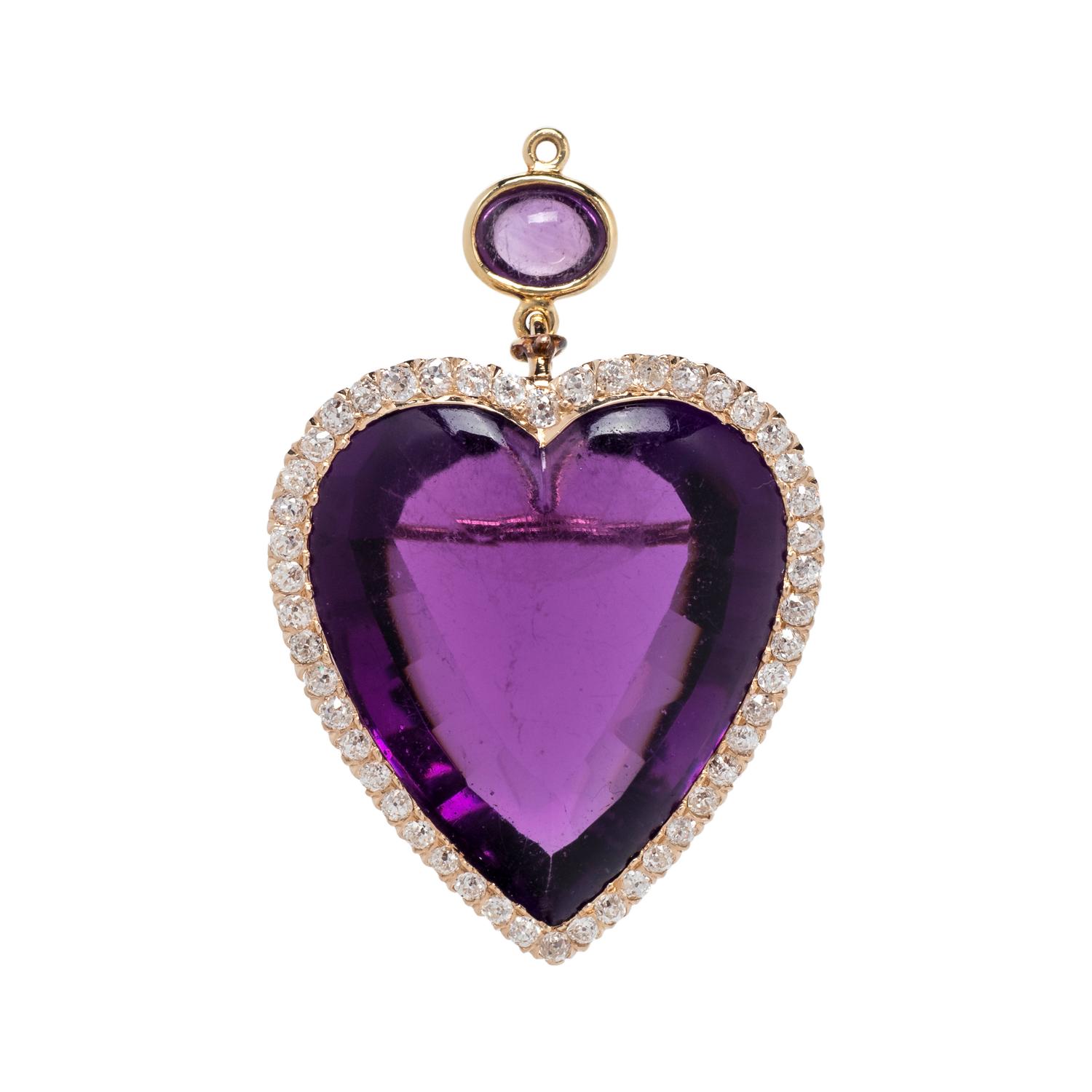 ANTIQUE, AMETHYST AND DIAMOND HEART PENDANT/BROOCH