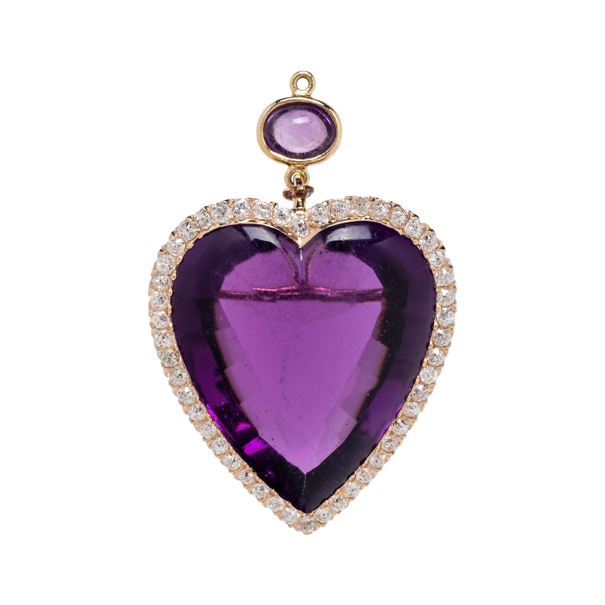 ANTIQUE, AMETHYST AND DIAMOND HEART PENDANT/BROOCH