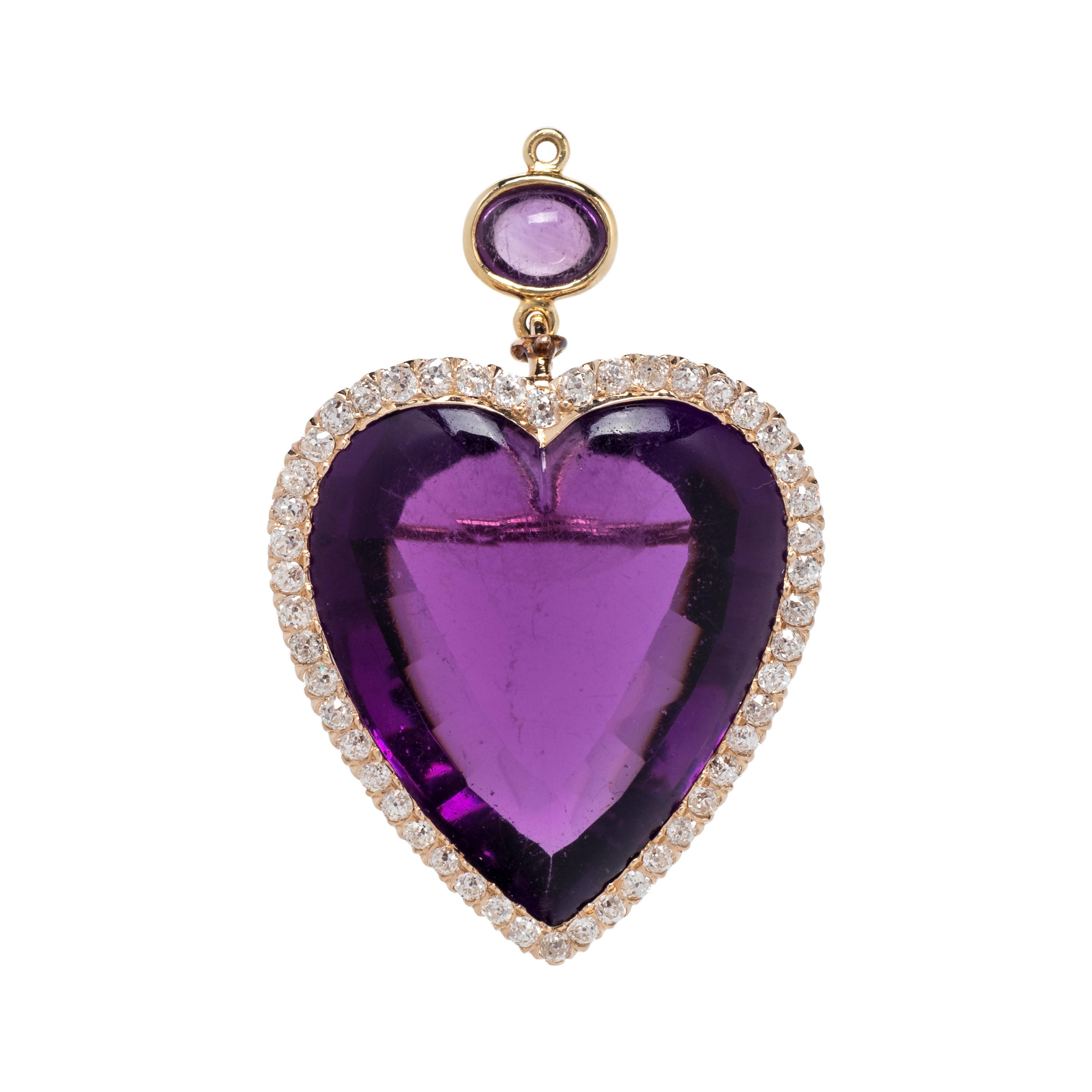ANTIQUE, AMETHYST AND DIAMOND HEART PENDANT/BROOCH