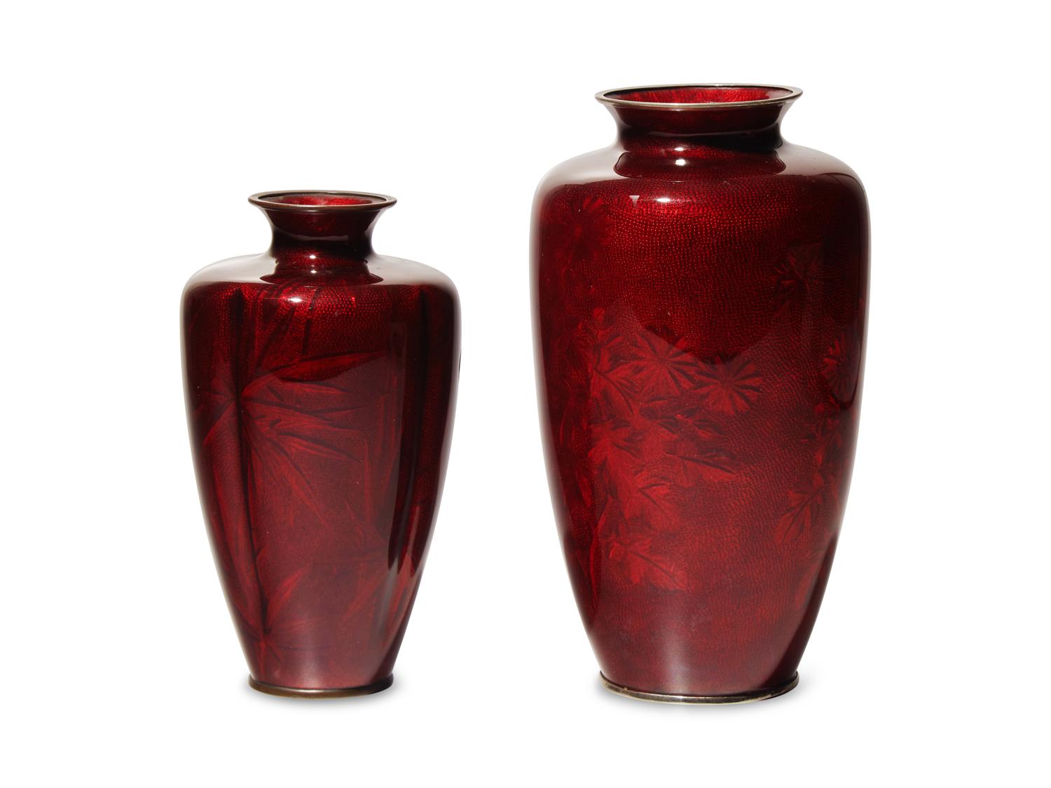 Two Japanese Pigeon Blood Ground Cloisonne Vases