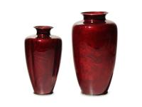 Two Japanese Pigeon Blood Ground Cloisonne Vases