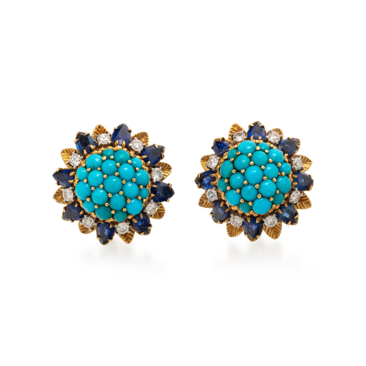 TURQUOISE, DIAMOND, AND SAPPHIRE CLIP EARRINGS