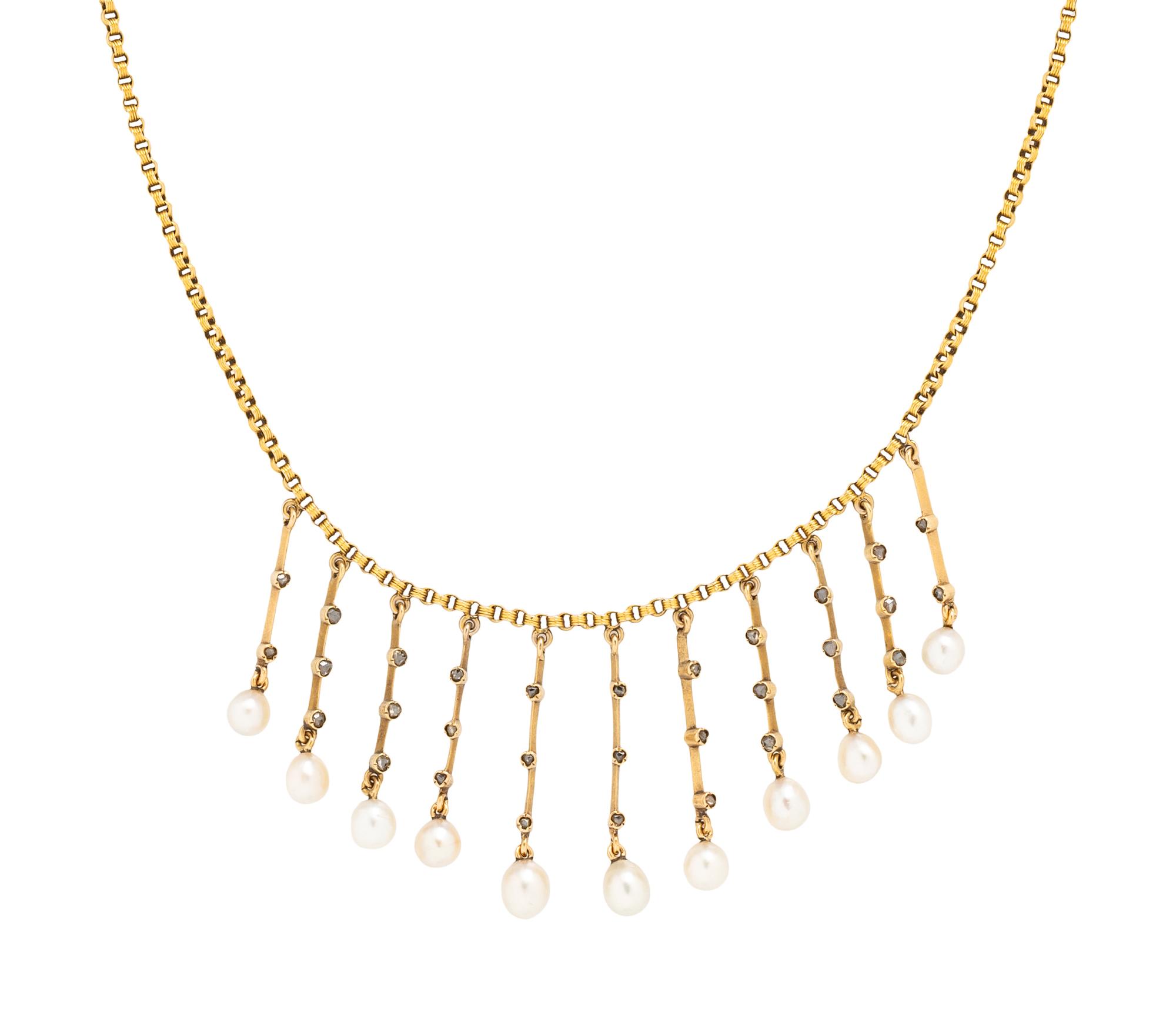 VICTORIAN, YELLOW GOLD, DIAMOND, AND CULTURED PEARL FRINGE NECKLACE