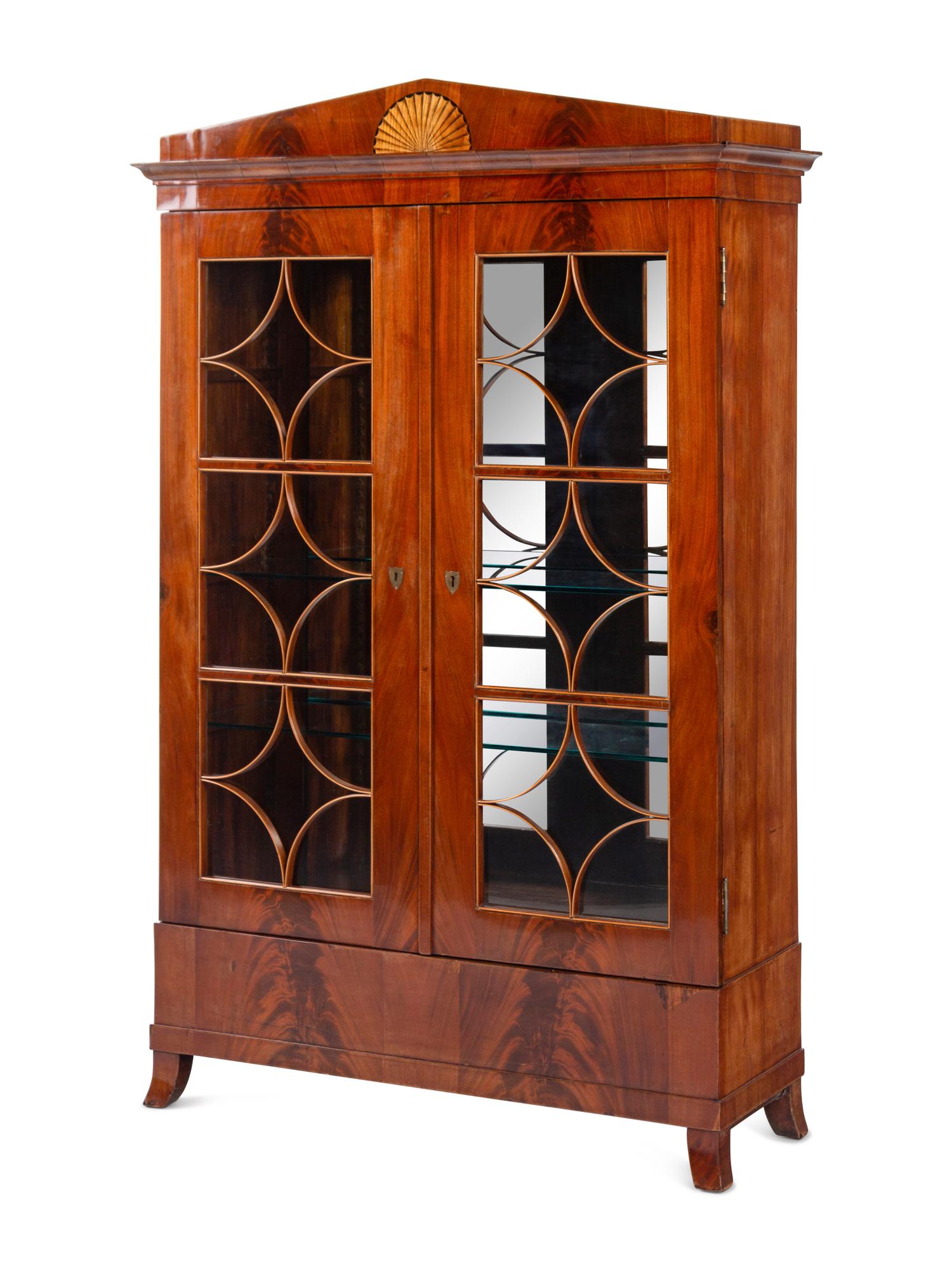 A Biedermeier Figured Mahogany and Marquetry Vitrine Cabinet