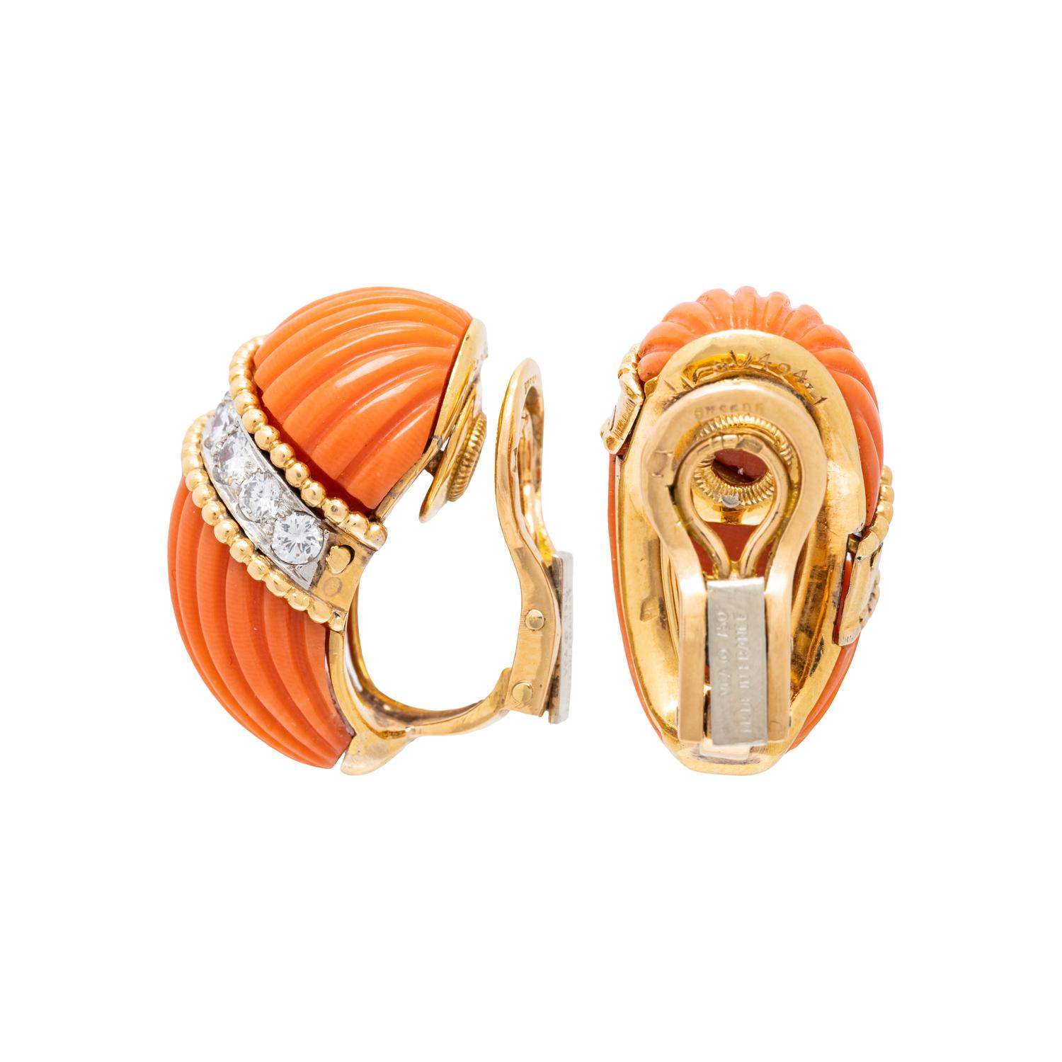 VAN CLEEF & ARPELS, CORAL AND DIAMOND CLIP EARRINGS