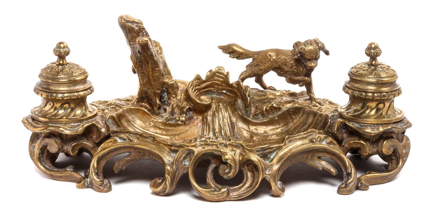 A Continental Gilt Brass Encrier Width 12 1/4 inches. — FIRST HALF 20TH CENTURY