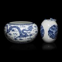Two Chinese Blue and White Porcelain Globular Brush Washers, 20th Century — 近代 青花龍鳳紋水盂兩件