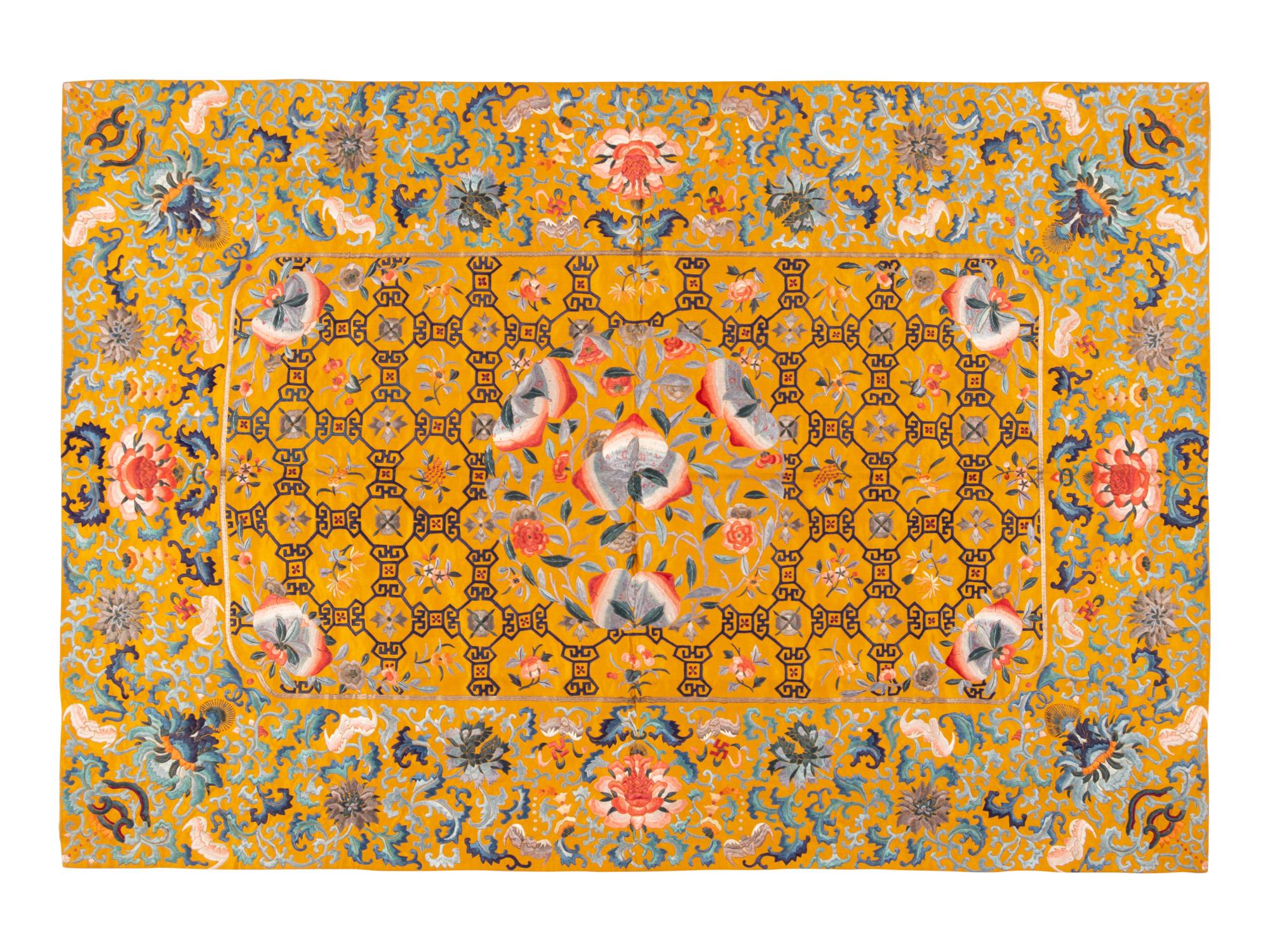Two Yellow Ground Embroidered Silk Kang Cushion Covers