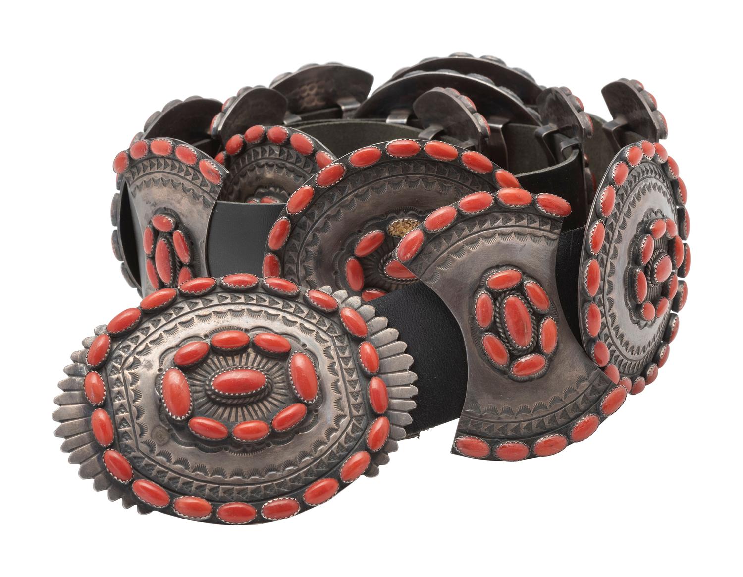 Sterling Silver and Coral Cluster Concha Belt
