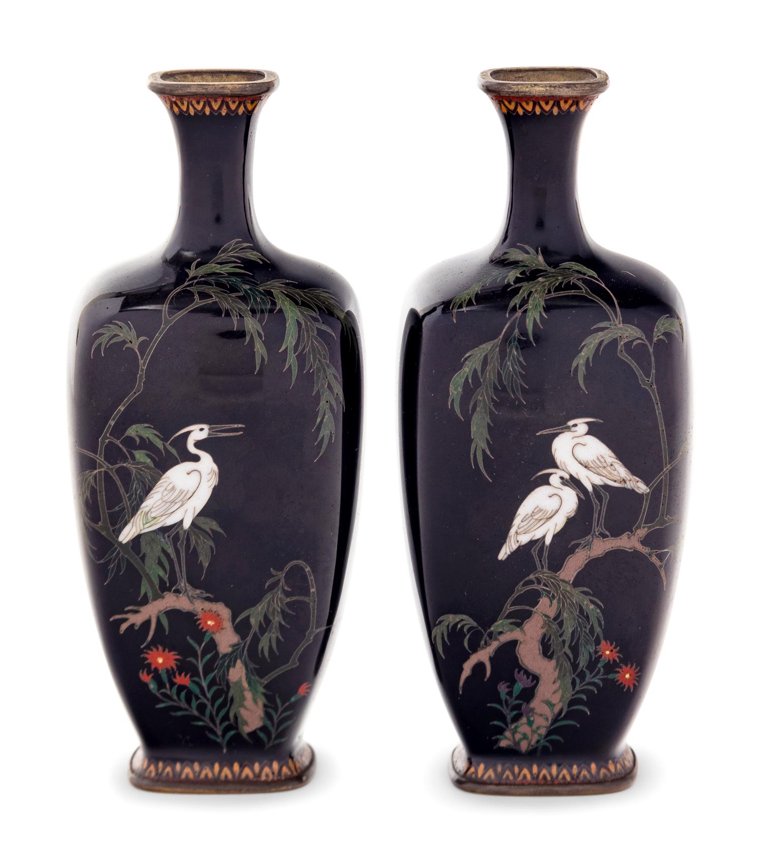 A Pair of Black Ground Cloisonné Vases