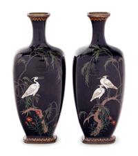 A Pair of Black Ground Cloisonné Vases