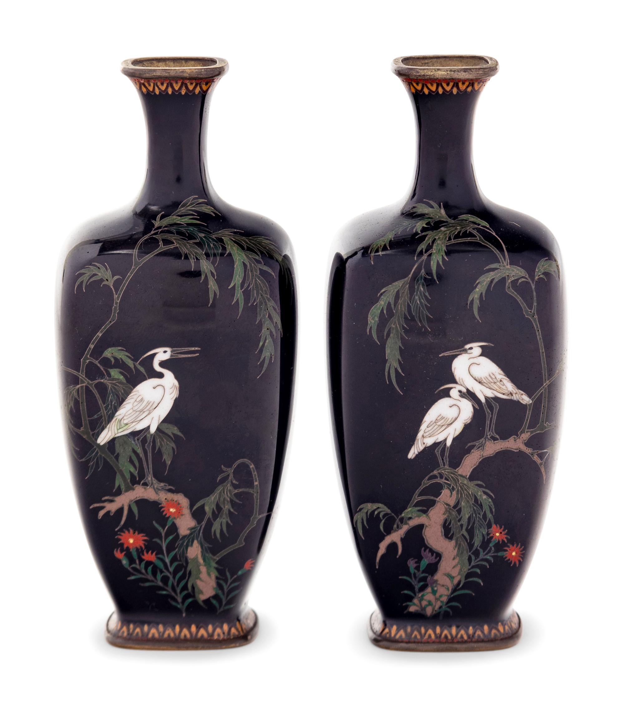 A Pair of Black Ground Cloisonné Vases