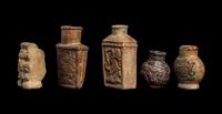Four Maya Vessels with Glyphs and One Standing Figure
