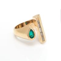 YELLOW GOLD, SYNTHETIC EMERALD AND DIAMOND RING
