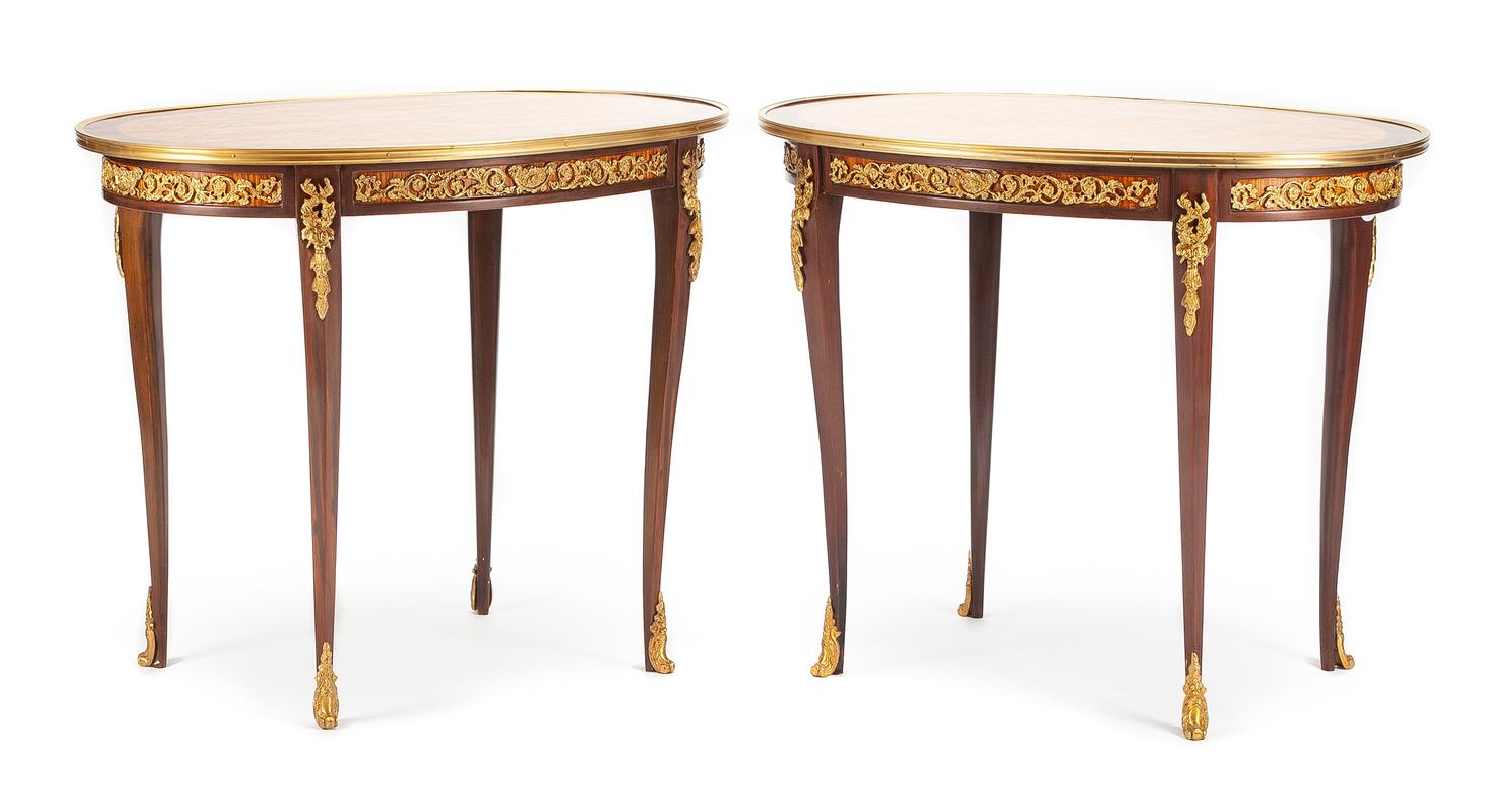 A Pair of Louis XV Style Gilt Bronze Mounted Side Tables Height 29 1/2 x width 36 1/2 x depth 25 inches.