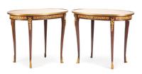 A Pair of Louis XV Style Gilt Bronze Mounted Side Tables Height 29 1/2 x width 36 1/2 x depth 25 inches.