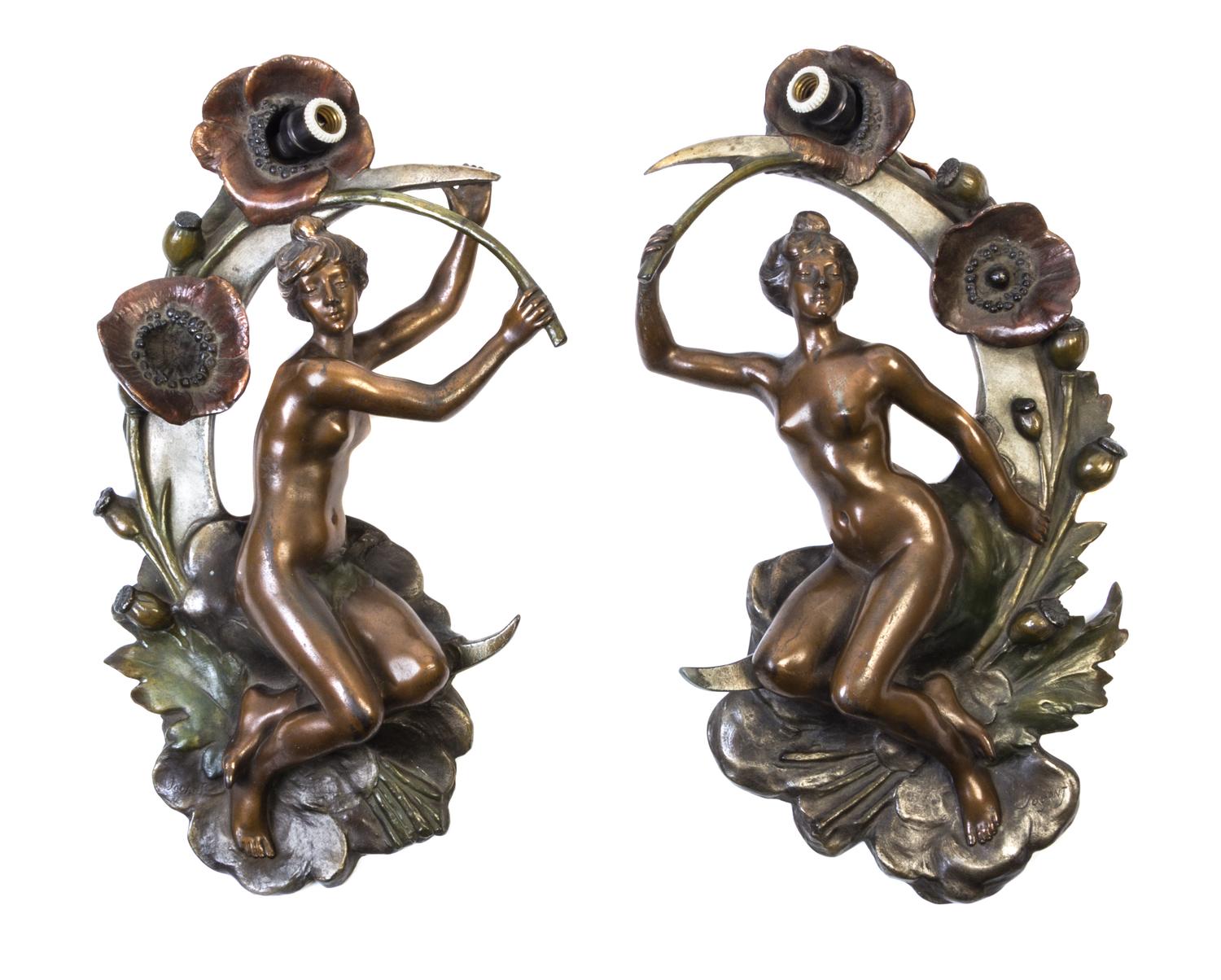 A Pair of Art Nouveau Patinated Bronze Single-Light Sconces Height 16 1/2 inches.