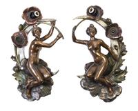 A Pair of Art Nouveau Patinated Bronze Single-Light Sconces Height 16 1/2 inches.