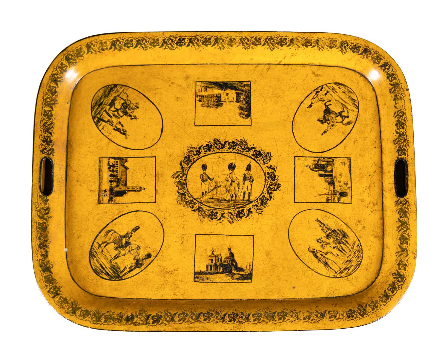 An English Yellow Tole Tray on Faux Bamboo Stand