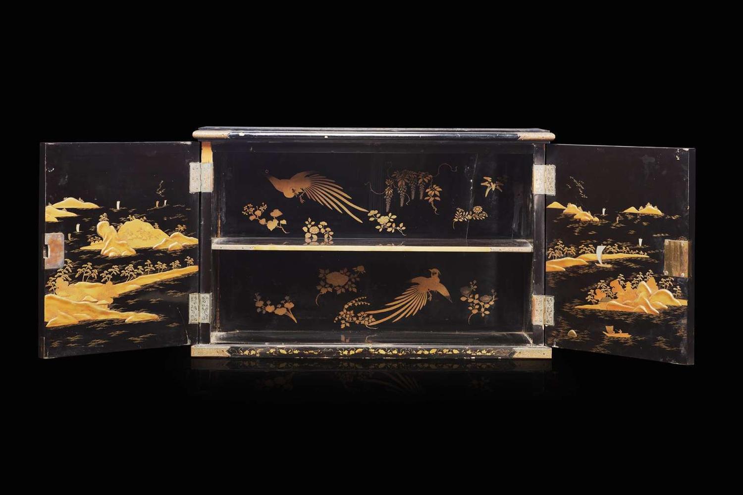 A Japanese black and gold lacquer two-door "Peacocks" cabinet, 18th/19th century 日本雙門漆箱 十八或十九世紀
