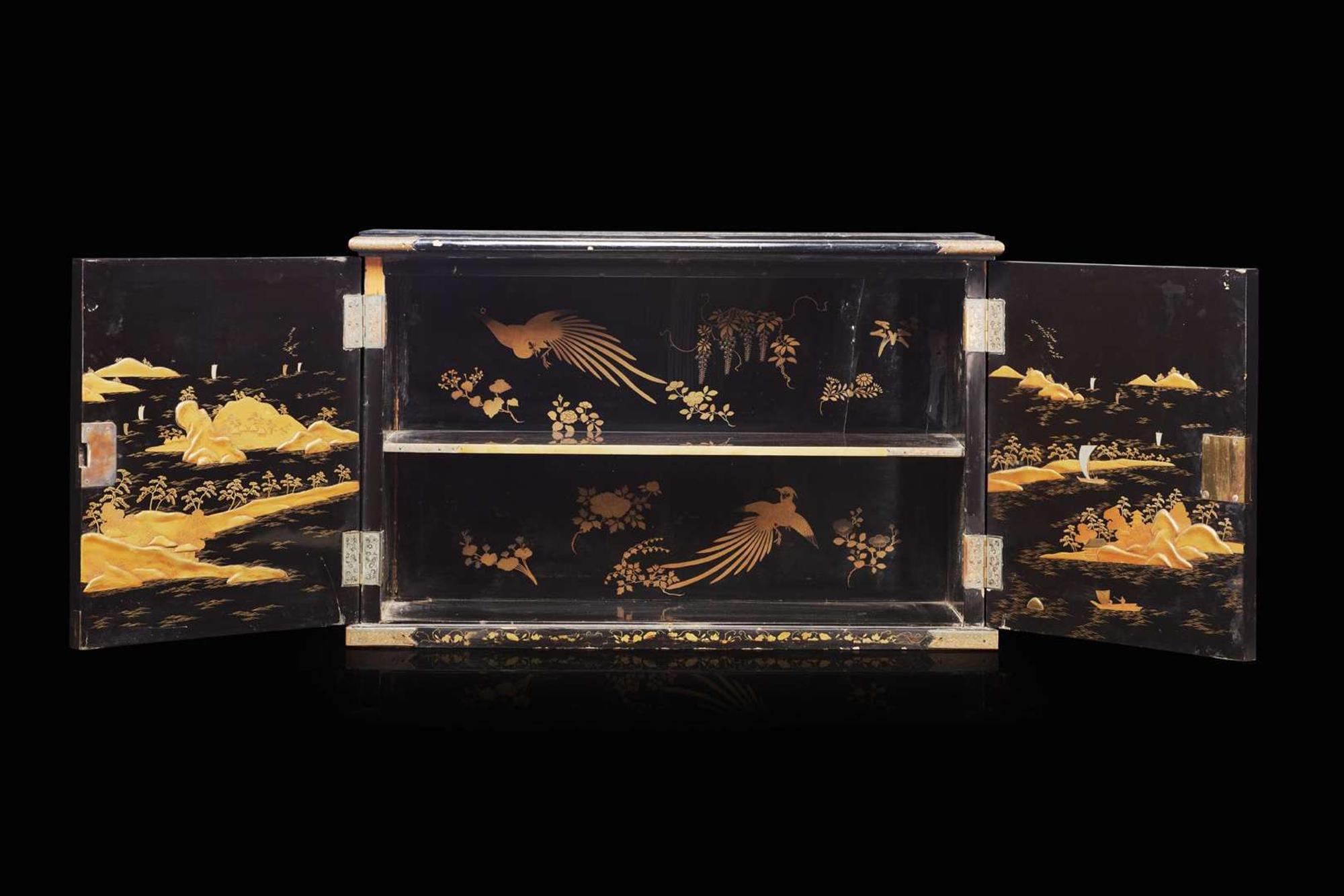 A Japanese black and gold lacquer two-door "Peacocks" cabinet, 18th/19th century 日本雙門漆箱 十八或十九世紀