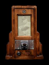 A Unique 10 Cent Exhibit Card Vending Machine with Mickey Mantle Card in Window and 18 Additional Baseball Cards