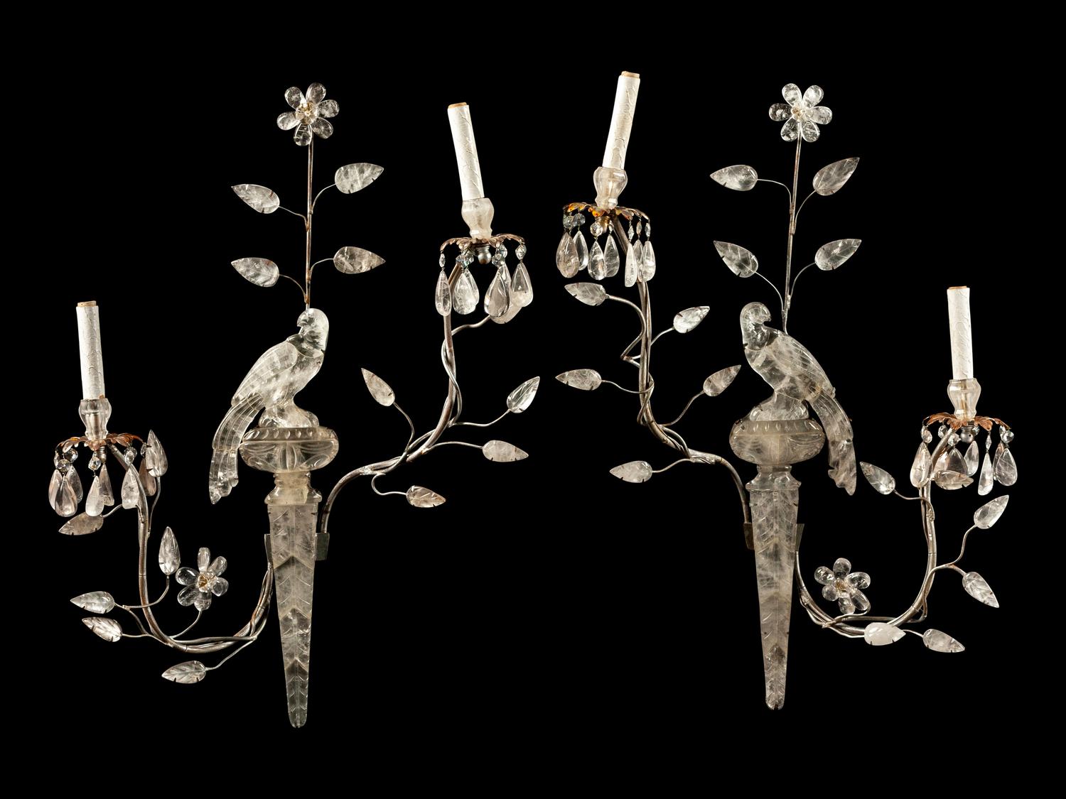 A Pair of Carved Rock Crystal Two-Light Sconces