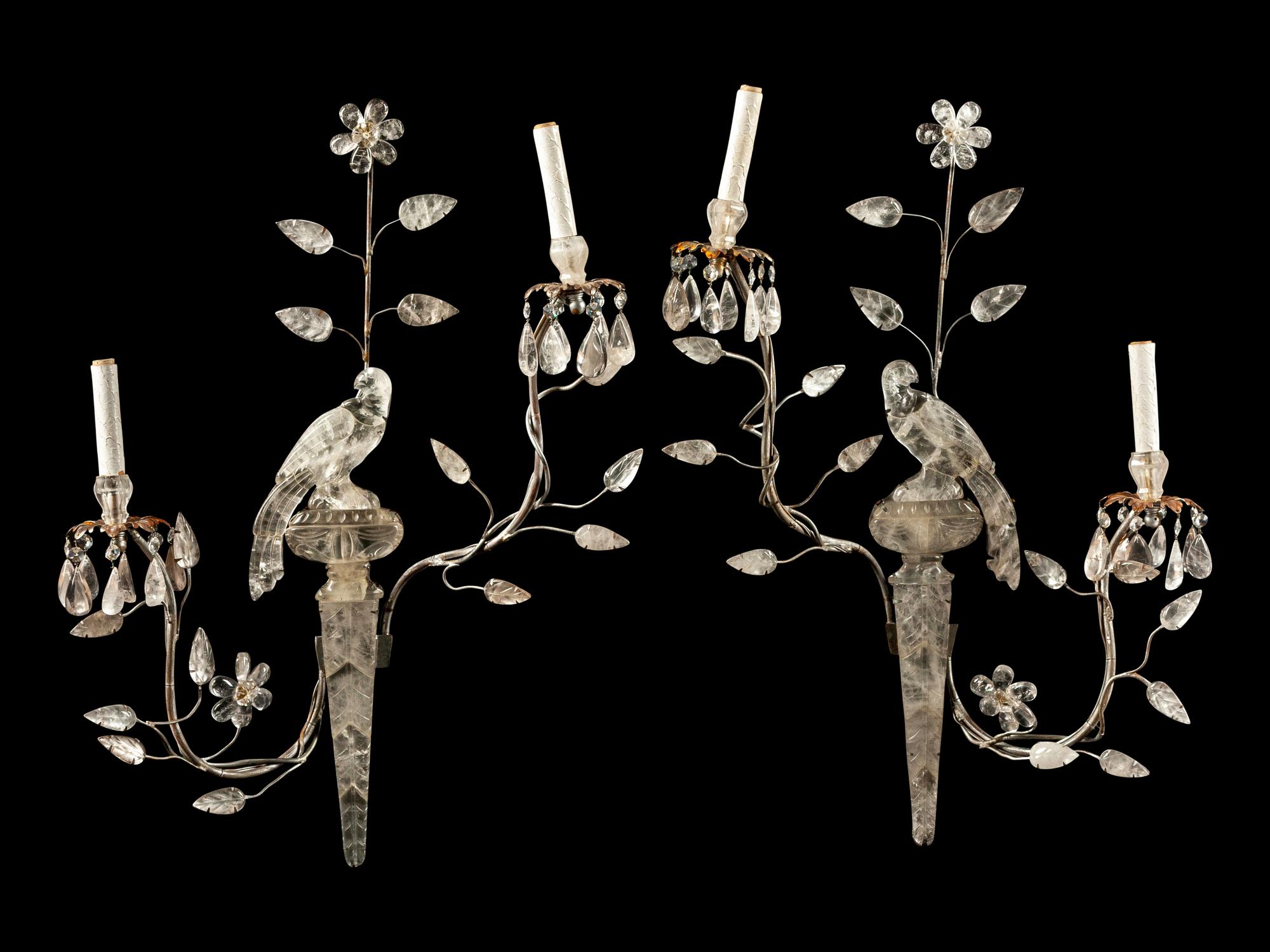 A Pair of Carved Rock Crystal Two-Light Sconces